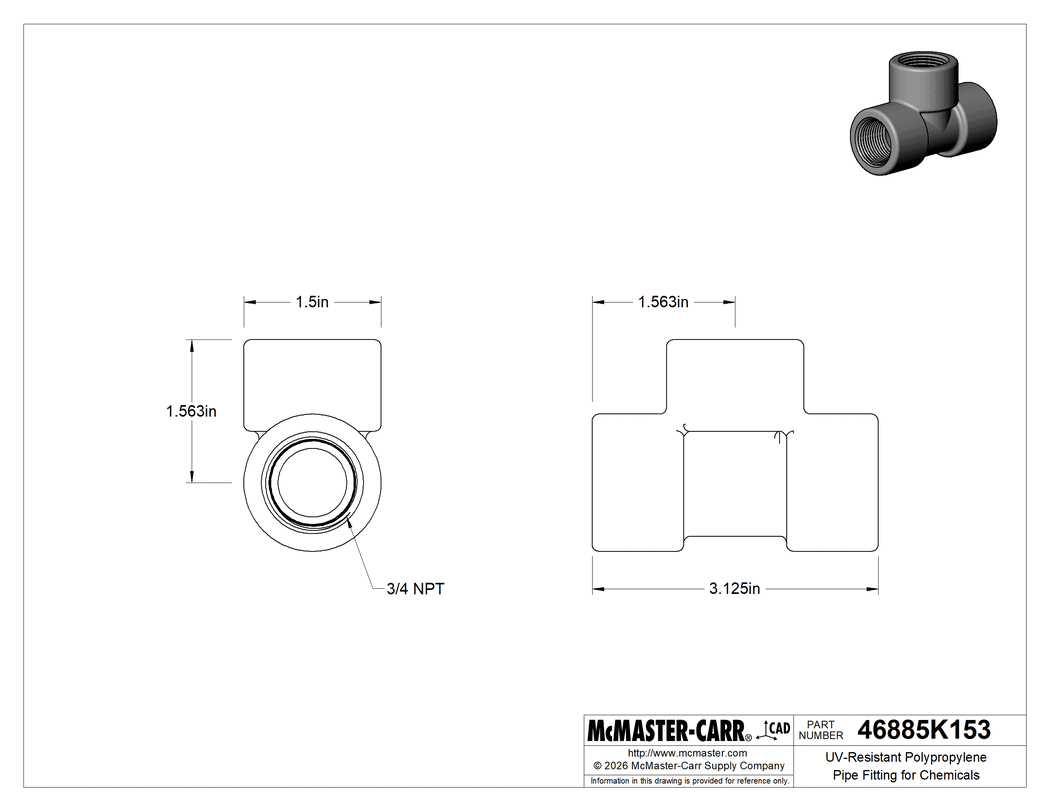 Technical Drawing of UV-Resistant Polypropylene Pipe Fitting for Chemicals, Tee Connector, 3/4 NPT Female.